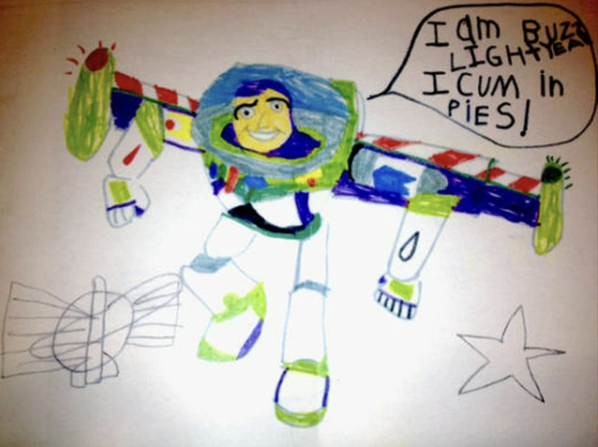 buzz lightyear kid drawing - I am Buz Lightyea Icum in Pies!